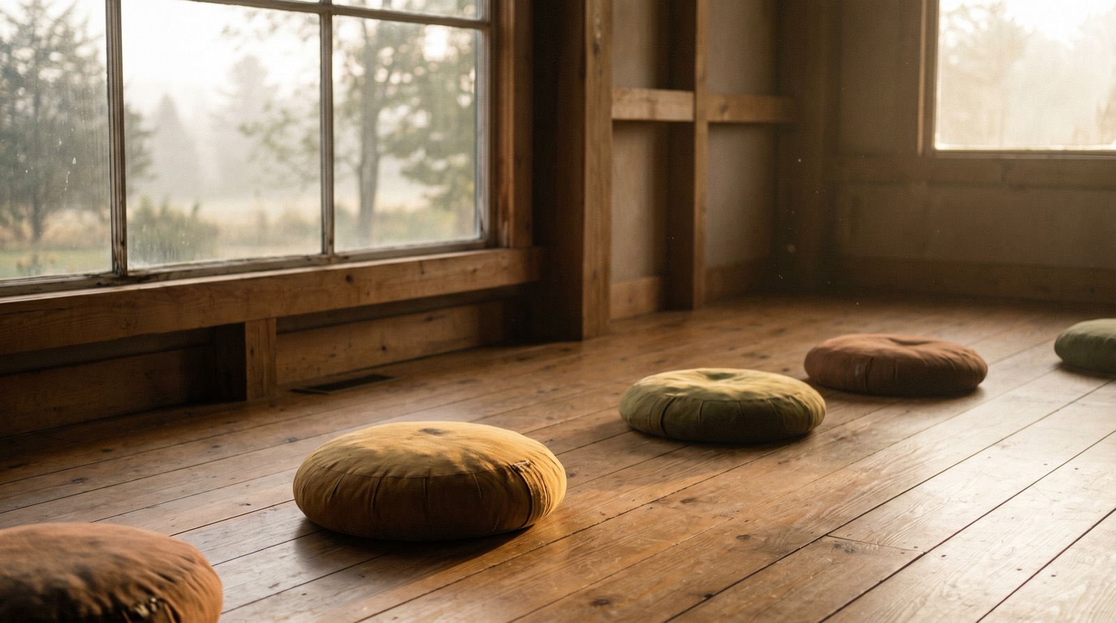 Floor cushions in a quiet, sunlit meditation hall