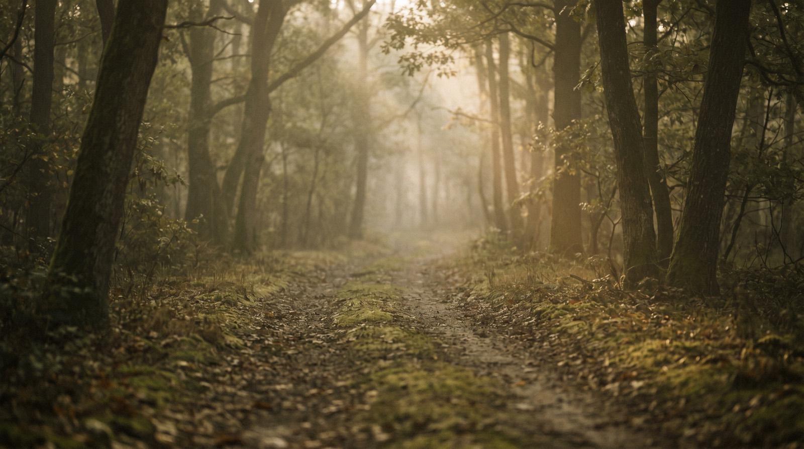 A misty wooded path in soft morning light